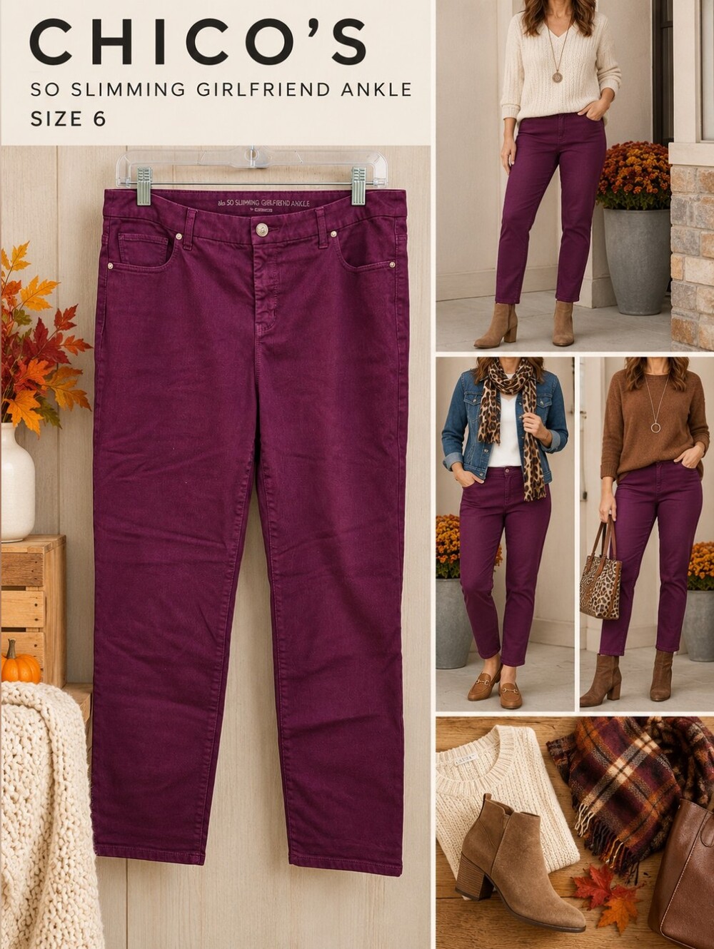 Chico’s So Slimming Girlfriend Ankle Pants Size 6 Burgundy Wine Stretch